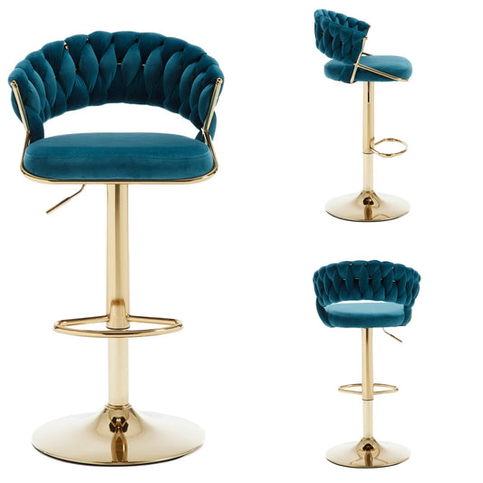 Modern Teal Green Velvet and Gold Swivel Bar Stools (Set of 2)