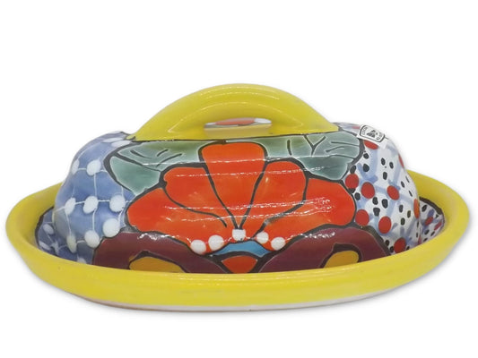 MEXTEQUIL - Butter Dish Ceramic Talavera with Lid Hand Painted Authentic Mexican Pottery Kitchen Floral Design (Yellow)
