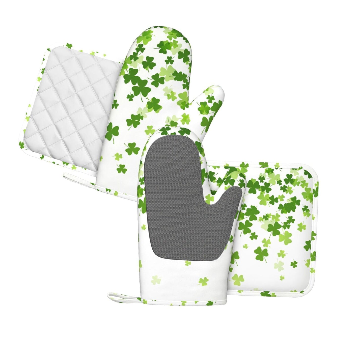 Oven Mitts and Pot Holders St. Patrick's Day Shamrock Clover Silicone Kitchen Accessories Set of 4 Heat Resistant Long Gloves Potholder Non-Slip Grip for Chef Cooking Baking Grilling BBQ