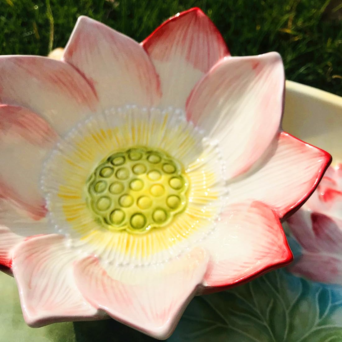 Handpainted 12-Inch Ceramic Chip and Dip Platter with Lotus Flower Design