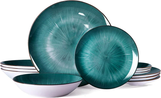 Bestone 12 Piece Round Kitchen Dinnerware Set,Plates and Bowls sets,Dishes, Plates, Bowls, Dish Set，Plates and Bowls,Service for 4, Chip Resistant Porcelain，Starburst Green