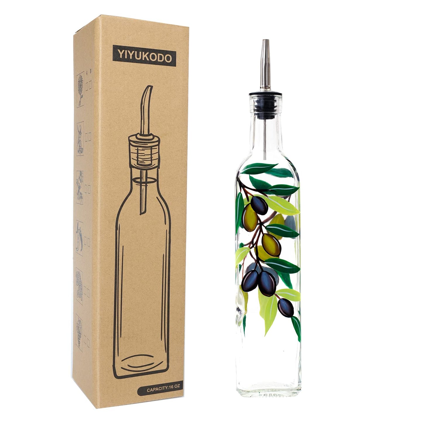 YIYUKODO 17oz Hand Painted Glass Olive Oil Bottle Dispenser - 500ml Green Oil & Vinegar Cruet with Pourers - Olive Oil Carafe Decanter for Kitchen (olive2)