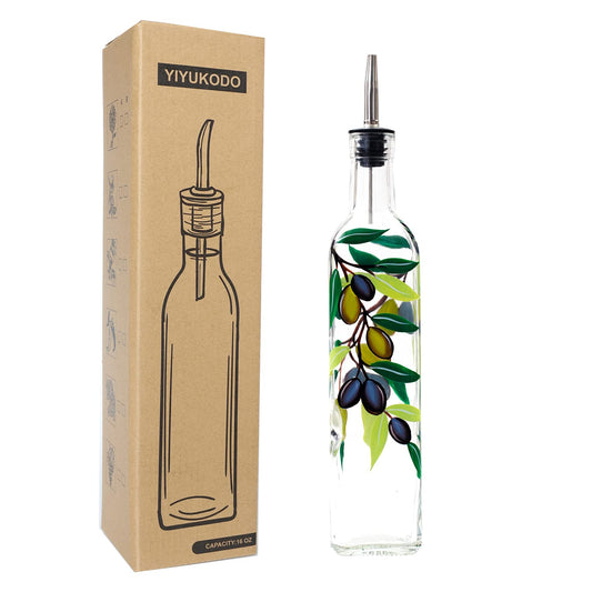 YIYUKODO 17oz Hand Painted Glass Olive Oil Bottle Dispenser - 500ml Green Oil & Vinegar Cruet with Pourers - Olive Oil Carafe Decanter for Kitchen (olive2)