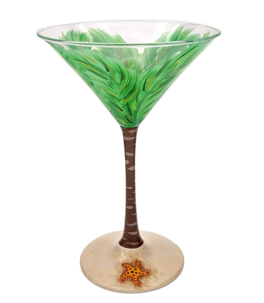 Palm Tree Martini Glass - Starfish, Shell, Sea Turtle, Sparkly Sand - Tropical Theme - Hand Painted
