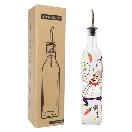 YIYUKODO 17oz Hand Painted Glass Olive Oil Bottle - 500ml Green Oil & Vinegar Cruet with Pourers and Funnel - Olive Oil Carafe Decanter for Kitchen (chef)