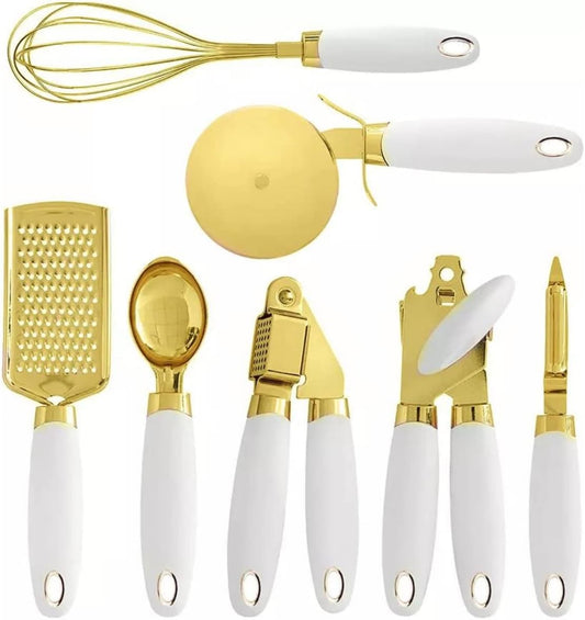 White & Gold Kitchen Tools and Gadgets - Luxe 7PC Cooking Tools and Gadgets with Anti-Slip Handles, Gold Utensils Set, Gold Kitchen Accessories,Premium Kitchen Gadget Set (Champagne gold & white)