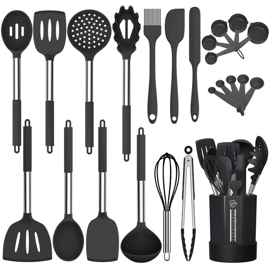 Black 24-Piece Silicone Cooking Utensil Set, Fungun Non-stick Kitchen Utensil 24 Pcs Cooking Utensils Set, Heat Resistant Cookware, Silicone Kitchen Tools Gift with Stainless Steel Handle (Black-24pcs)