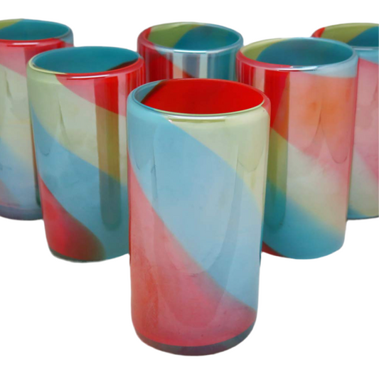 Hand-Blown Tropical Tricolor Mexican Glasses, 18 Oz. (Set of 6)