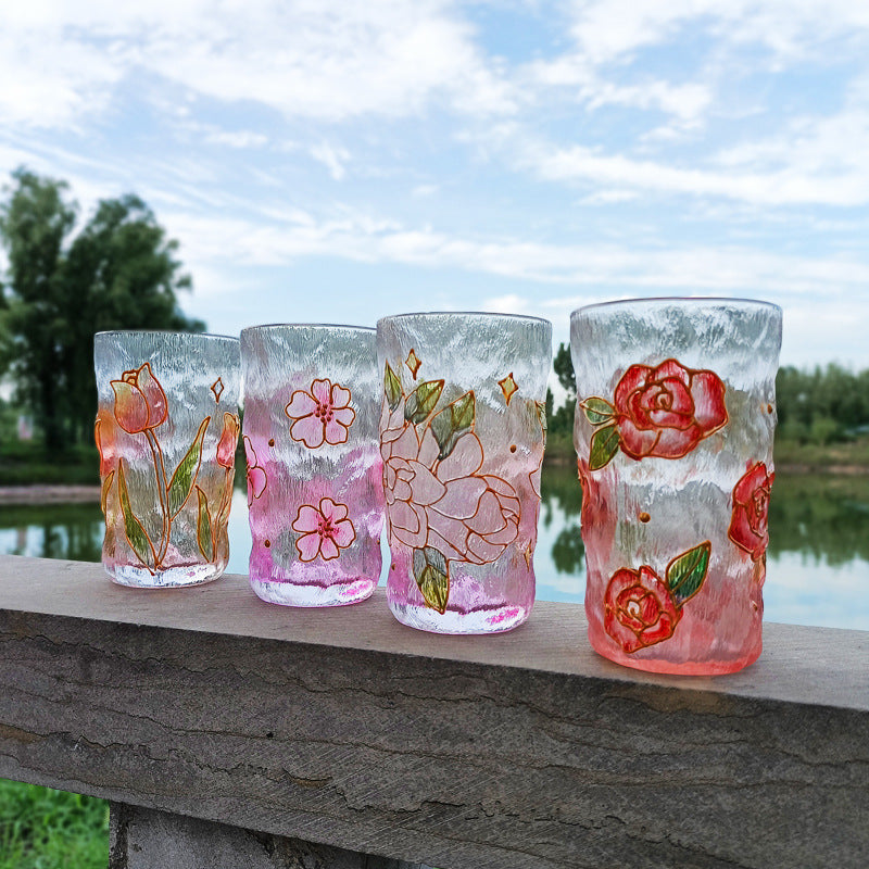 Hand-Painted Hammered Crystal Glass in One of Four Flower Patterns