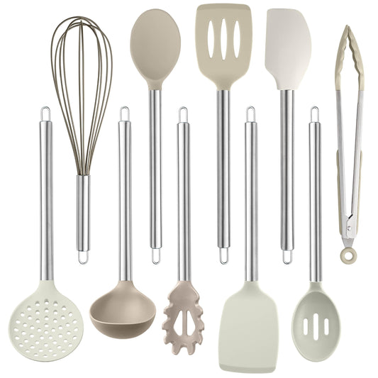 Beige COOK WITH COLOR Silicone Cooking Utensils, Kitchen Utensil Set, Easy to Clean Silicone Kitchen Utensils, Cooking Utensils for Nonstick Cookware, Kitchen Gadgets Set, 10 Pieces, Brown