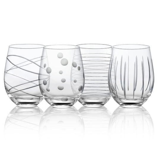 Hand-Blown Joeyan Etched Stemless Wine Glasses with Dots Strips Pattern for Red Wine, Large Carved Drinking Glass Cups Tumblers for Wedding Anniversary Party Home, Set of 4, 17.5 oz.