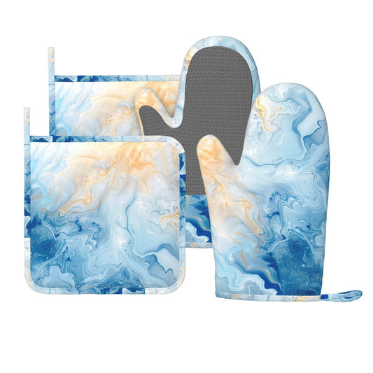 Oven Mitts and Pot Holders Blue Marble Pastel Silicone Kitchen Accessories Set of 4 Heat Resistant Long Gloves Potholder Non-Slip Grip for Chef Cooking Baking Grilling BBQ