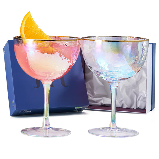 Festive Lustered Iridescent Hammered Coupe Glasses - Set of 2 - Gold Rim 8 5oz Colorful Champagne Glasses - Anniversaries, Birthday Gift, Cocktail Party Radiance - Water, Wine, Cosmopolitan, Barware