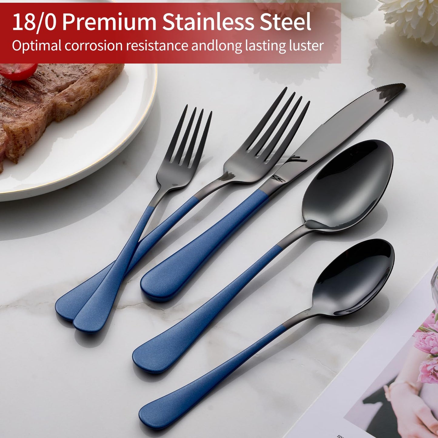 Black and Blue 20-Piece Silverware Set 18/0 Stainless Steel Flatware Sapphire Blue Handle Cutlery Set Service for 4 Dinner Knives Forks Spoons Set Mirror Finish Dishwasher Safe