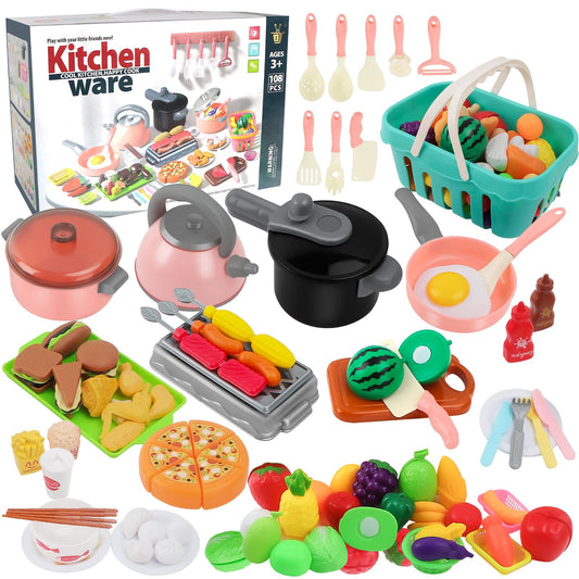 Yotino 108-Piece Play Kitchen Accessories Toddler Play Kitchen Set Play Food Set with Pots and Pans Daily Food Fruit Veges,Kitchen Accessories Fake Food for Boys Girls (Pink)