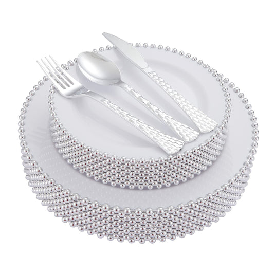75-Piece Fancy Disposable Dinnerware Party Set, 15 Dinner Plates, 15 Dessert Plates with Silver Bead Rimed, 15 Silver Spoons, 15 Knives, 15 Forks, Plastic Silverware for Wedding Birthday Party
