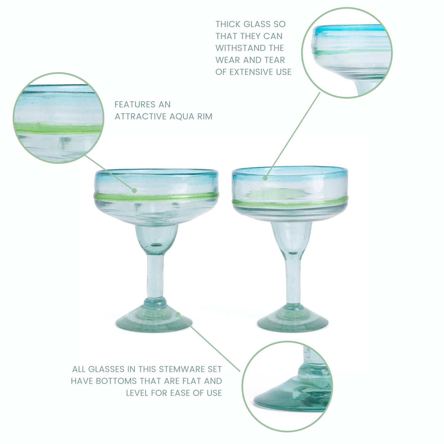 Mexican Glassware, Aqua Rims 16oz Margarita Glasses, Set of 2 Unique Hand Blown Glass, Handcrafted by Talented Artisans Thick & Sturdy Easy to hold