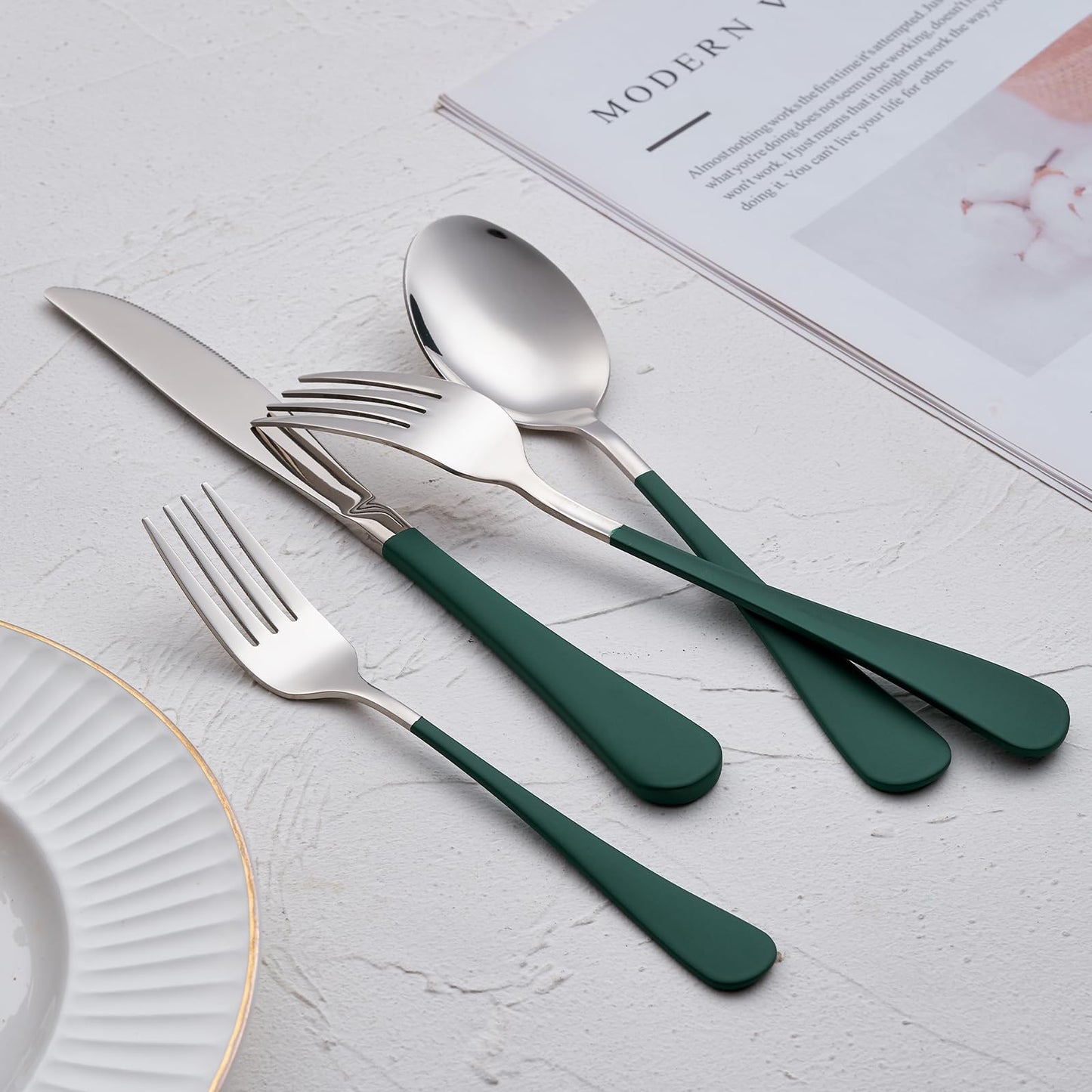 Green 20-Piece Silverware Set 18/0 Stainless Steel Flatware Green Handle Cutlery Set Service for 4 Dinner Knives Forks Spoons Set Mirror Finish Dishwasher Safe