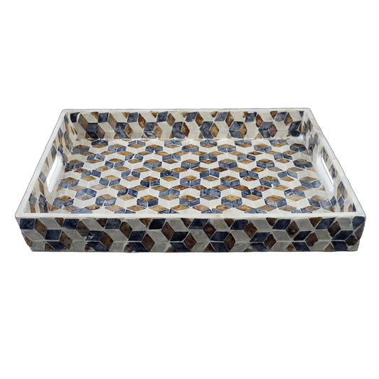 Rectangular Mother of Pearl Serving Tray Nacre Wood Lap Tray Coffee Table Ottoman Tray w Insert Handles, Luxury Decorative Handmade Eating Tray (Geometric Cube)