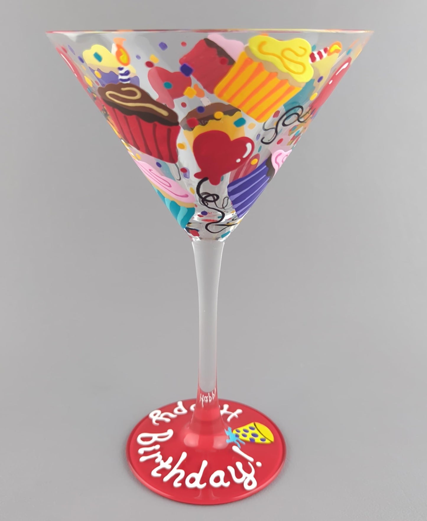 Handpainted Happy Birthday Martini Glass - Hand Painted - Cupcakes, Confetti and Heart Shaped Balloons - Colorful and Cheerful
