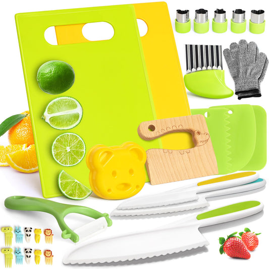 28-Piece Toddler Knife Set - Kids’ Knives for Real Cooking, Montessori Kids Kitchen Knife Set with Cutting Board Crinkle Cutters Kid Safe Knives, Toddlers Kitchen Tools for Age 2-10 Year Old Girl Boy