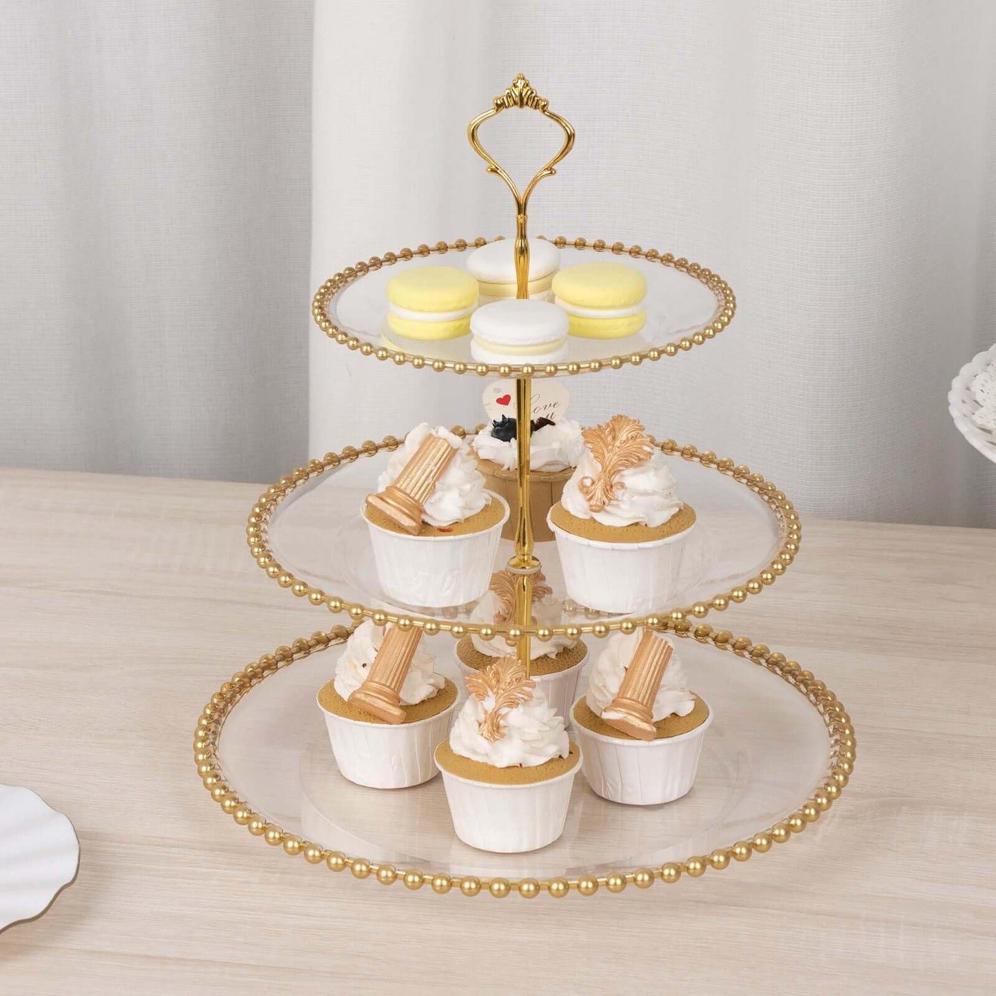 Efavormart Clear 3-Tier Round Plastic Cupcake Tower Stand with Gold Beaded Rim, Dessert Display Tea Party Serving Platter With Top Handle - 14" Tall