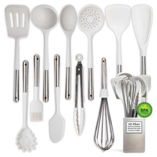 French Grey 12-Piece Silicone Cooking Utensils Set | Silicone Utensils with Stainless Steel Handle and Ceramic Holder | Kitchen Utensils Set | Dishwasher Safe Set of Kitchen Essentials | French Gray