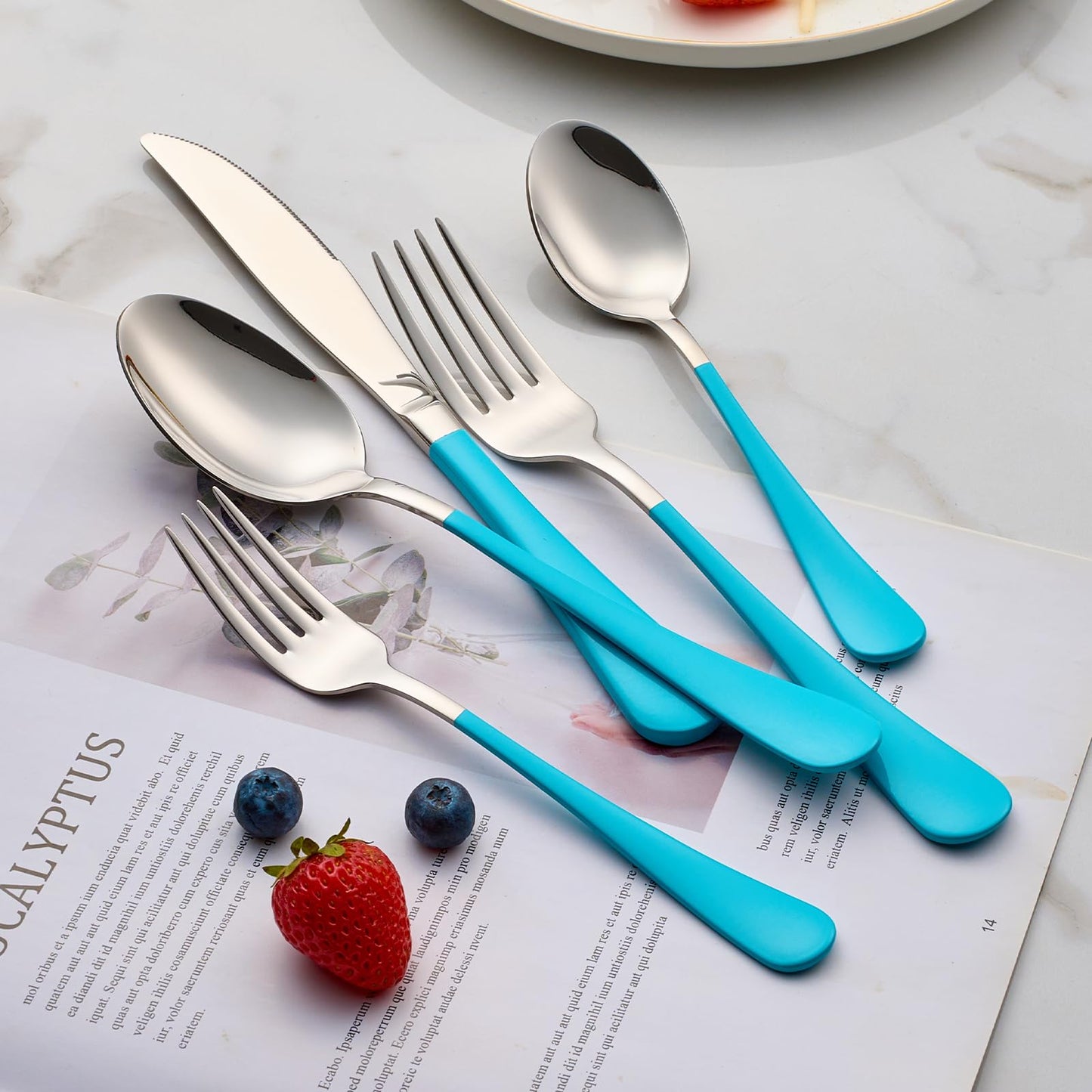 Bright Turquoise 20-Piece  Silverware Set 18/0 Stainless Steel Flatware Blue Handle Cutlery Set Service for 4 Dinner Knives Forks Spoons Set Mirror Finish Dishwasher Safe