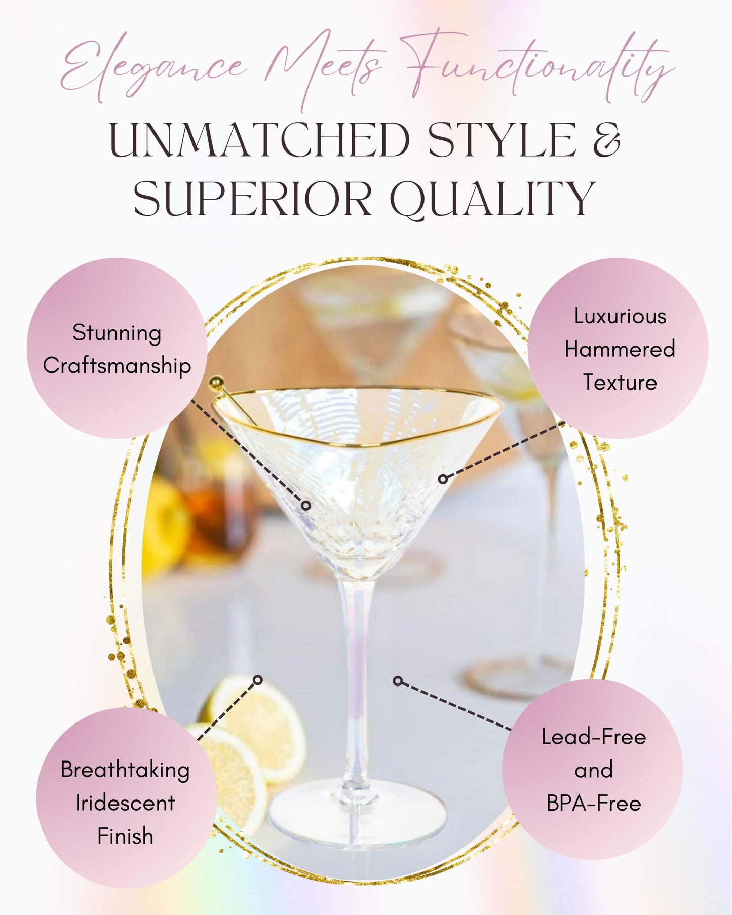 Sister.ly Drinkware Iridescent Handmade Hammered Martini Glasses with Gold Rim – Set of 2 – 8 oz, Perfect for Martinis, Cocktails, and Mocktails