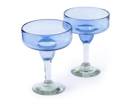 16 oz Hand Blown Mexican Margarita Glasses Set of 2 - Light Cobalt - MEXICAN GLASSWARE