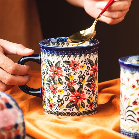 Generic Pottery Coffee Mug Set,14oz, Hand Painted Ceramic Tea Cups with Unique Design for Hot or Cold Drinks (Exotic daisy), convention, Blue