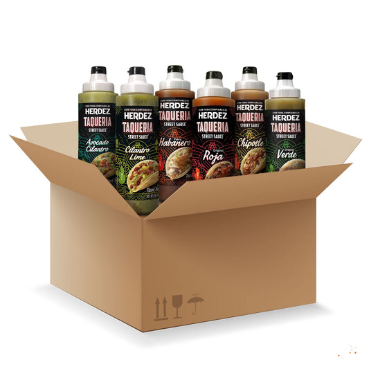 Herdez Taqueria Street  Sauce Variety Pack, Habanero, Verde, Roja, Chipotle, Avocado Cilantro, Cilantro Lime, 9 Oz. Bottles (6 Pack)