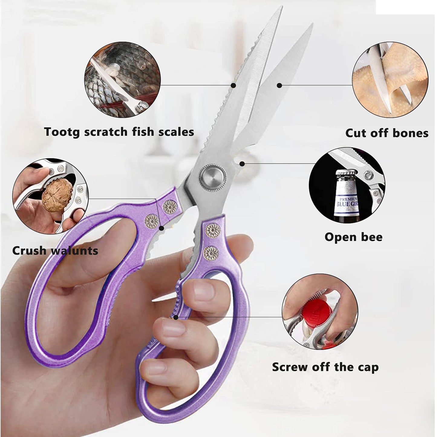 Sharp, Heavy Duty Kitchen Shears Dishwasher Safe, Kitchen Accessories Cooking Shears for Kitchen Meat Chicken Fish Poultry Herb Bread (Purple)