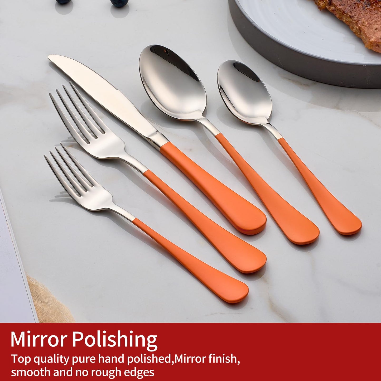 Tangerine 20-Piece  Silverware Set 18/0 Stainless Steel Flatware Orange Handle Cutlery Set Service for 4 Dinner Knives Forks Spoons Set Mirror Finish Dishwasher Safe