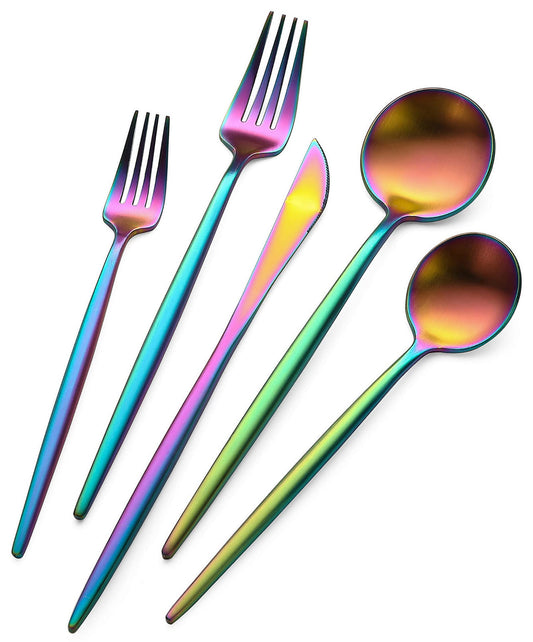Rainbow Flatware Matte Silverware Set - 20 Piece 18/10 Colorful Stainless Steel Flatware Cutlery Utensils Tableware Set Service for 4, Includes Knife/Fork/Spoon, Reusable, Dishwasher Safe