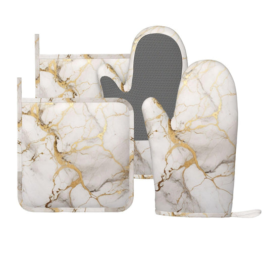 Oven Mitts and Pot Holders Marble Gray Gold White Silicone Kitchen Accessories Set of 4 Heat Resistant Long Gloves Potholder Non-Slip Grip for Chef Cooking Baking Grilling BBQ