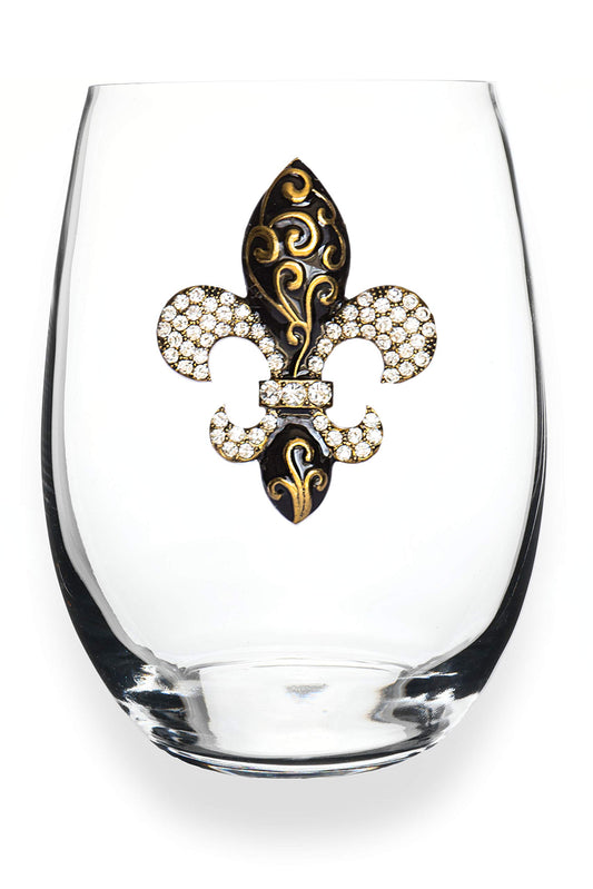 THE QUEENS' JEWELS Gold Swirl Fleur de Lis Jeweled Stemless Wine Glass, 21 oz. - Unique Gift for Women, Birthday, Cute, Fun, Not Painted, Decorated, Bling, Bedazzled, Rhinestone