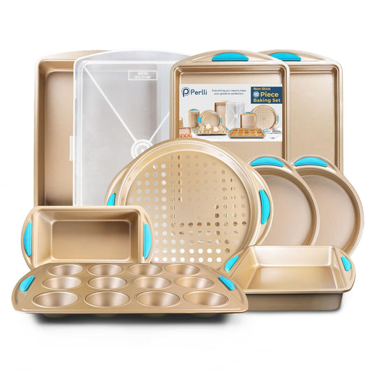 Perlli Baking Pan 10-Piece Set Nonstick Gold Steel Oven Bakeware Kitchen Set with Silicone Handles, Cookie Sheets, Round Cake Pans, 9x13 Pan with Lid, Loaf Pan, Deep Pan, Pizza Crisper, Muffin Pan