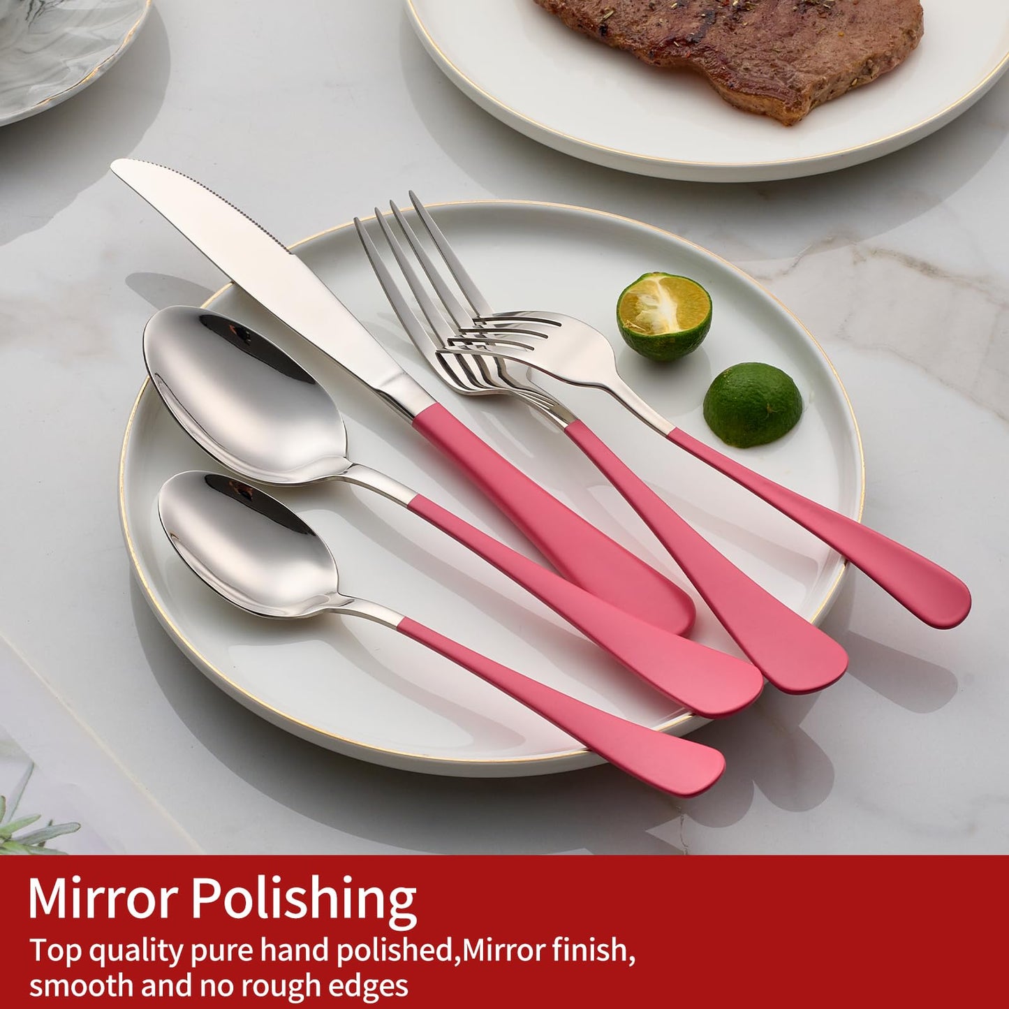 Cotton Candy Pink 20-Piece Silverware Set 18/0 Stainless Steel Flatware Pink Handle Cutlery Set Service for 4 Dinner Knives Forks Spoons Set Mirror Finish Dishwasher Saf