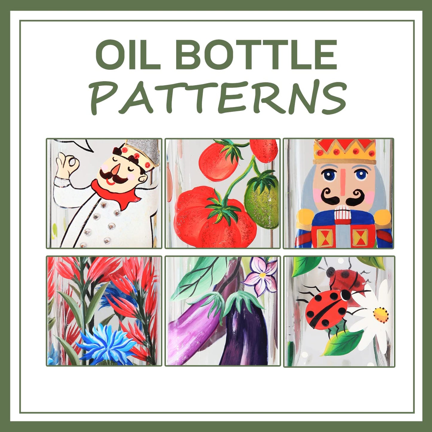 YIYUKODO 17oz Hand Painted Glass Olive Oil Bottle - 500ml Green Oil & Vinegar Cruet with Pourers - Olive Oil Carafe Decanter for Kitchen (Red and blue flower)