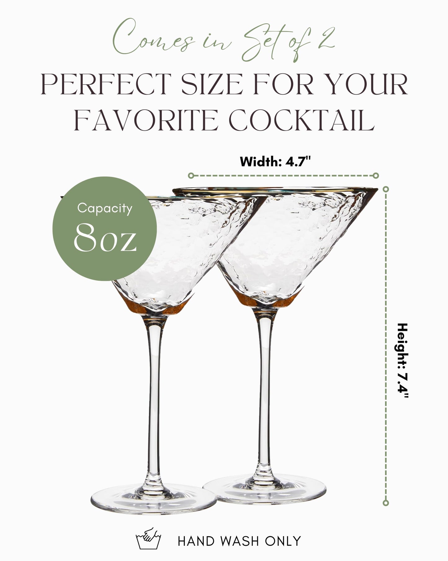 Sister.ly Drinkware Iridescent Handmade Hammered Martini Glasses with Gold Rim – Set of 2 – 8 oz, Perfect for Martinis, Cocktails, and Mocktails
