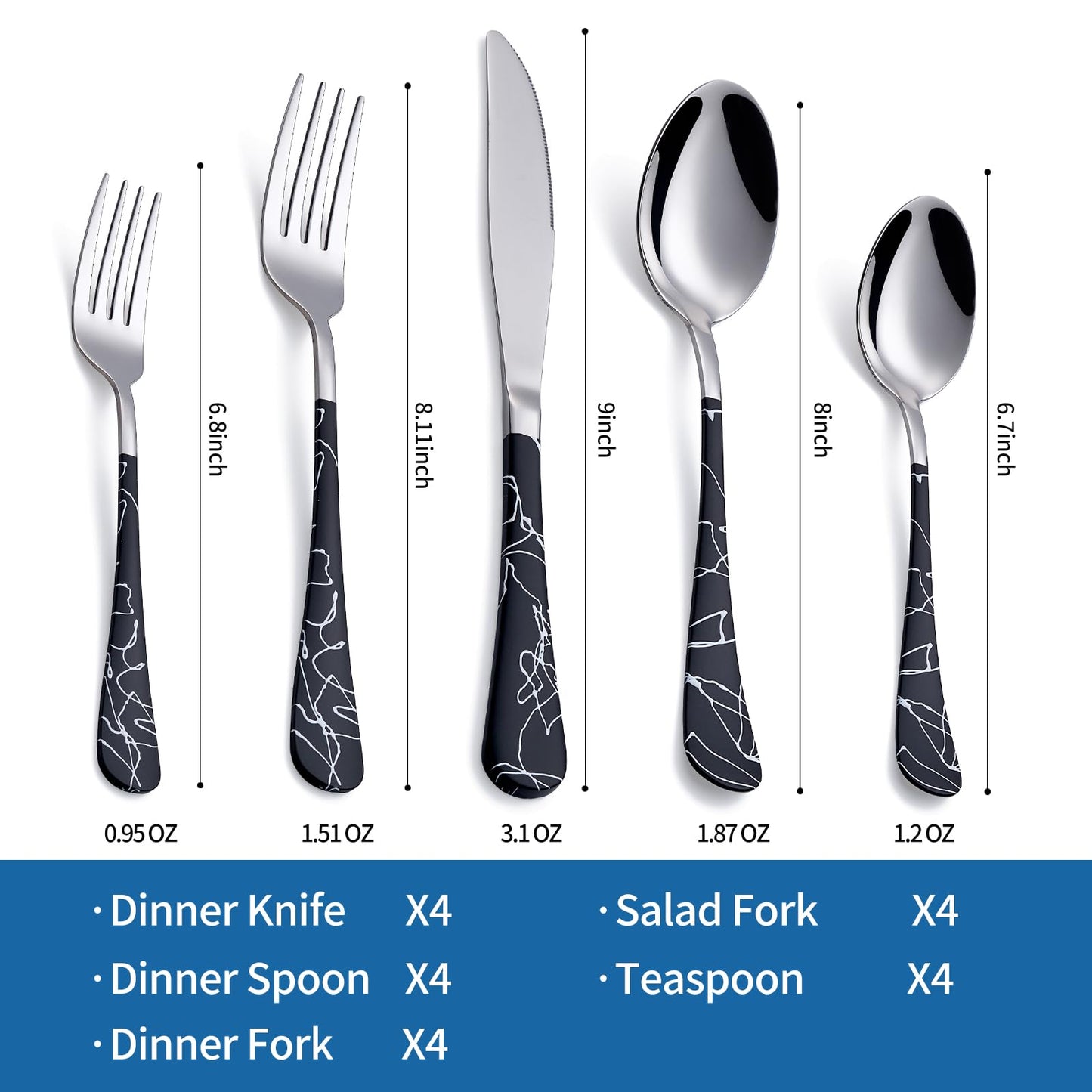 Black Cracks 20-Piece  Silverware Set 18/0 Stainless Steel Silverware Set Cutlery Black Set Service for 4 Dinner Knives Forks Spoons Set Flatware Set Finish Dishwasher Safe