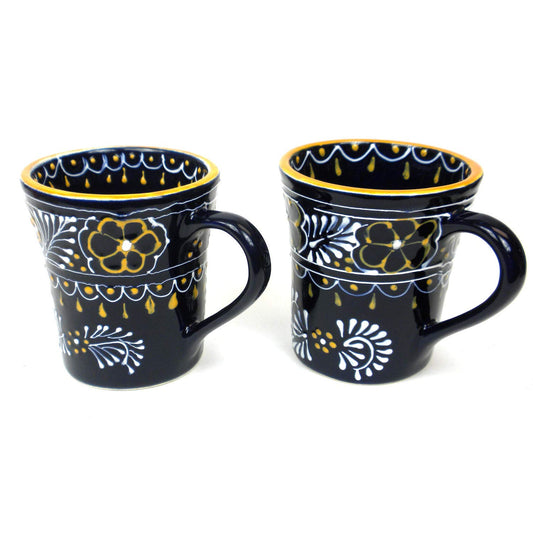 Global Crafts Encantada Handmade Hand-Painted Authentic Mexican Pottery Mugs (2-Pack, Blue Helecho)