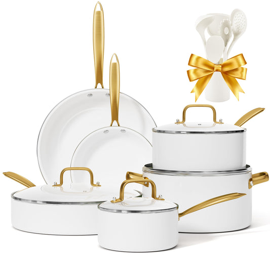 Ceramic Cookware Set, Voniki 16 Pcs Pots and Pans Set Non Stick, Kitchen Cookware Sets with Cooking Utensils Set, Non Toxic Cookware Set White Gold Pan Set for Cooking Pot Oven & Dishwasher Safe, Gift