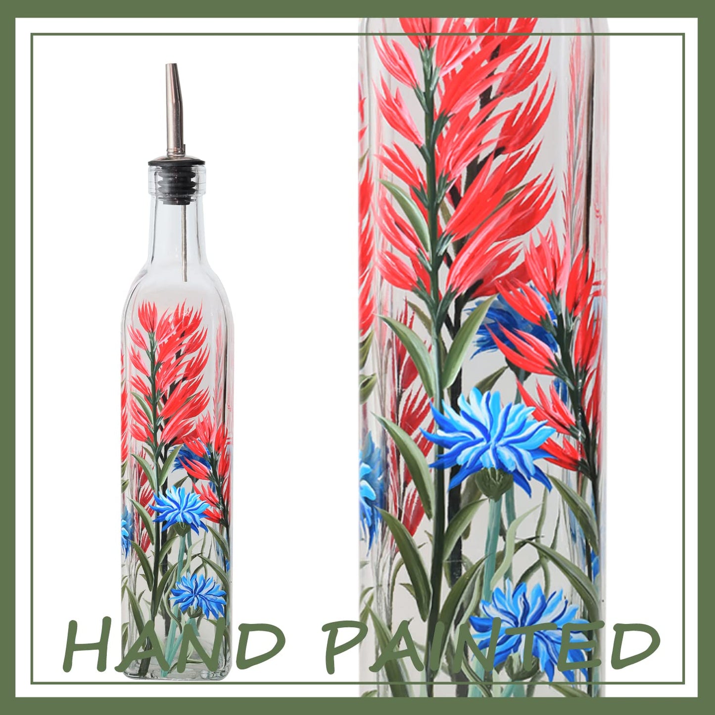 YIYUKODO 17oz Hand Painted Glass Olive Oil Bottle - 500ml Green Oil & Vinegar Cruet with Pourers - Olive Oil Carafe Decanter for Kitchen (Red and blue flower)