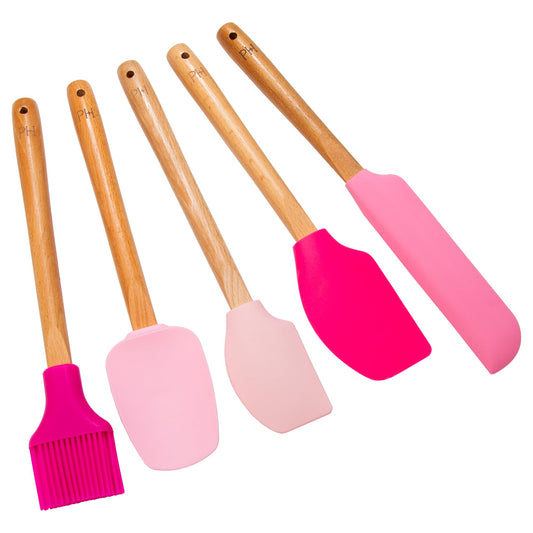 Paris Hilton Silicone Spatula Set, Heat Resistant Kitchen Utensils Tool Set includes a basting brush, all-purpose spatula, large spatula, spoon and spreader, 5-Piece Pink