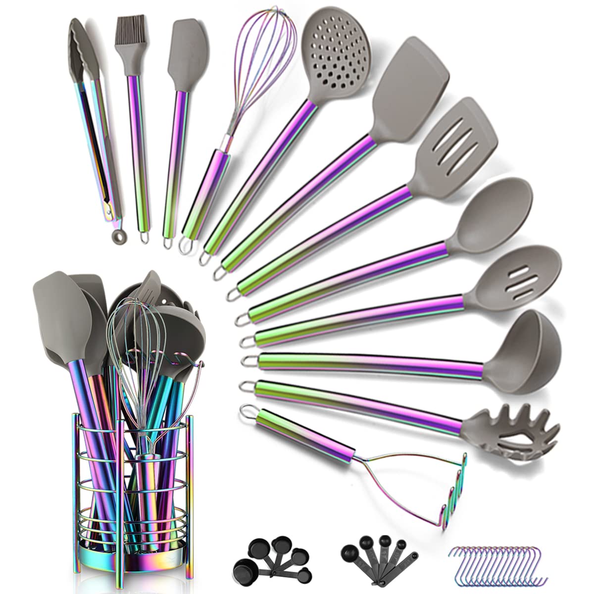 Rainbow 38-Piece Silicone Kitchen Cooking Utensils Set with Utensil Crocks, Silicone Head and Stainless Steel Handle Cookware, Kitchen Tools for Utensil Set, Non-Stick Kitchen Gadgets, Dishwasher Safe (Rainbow)