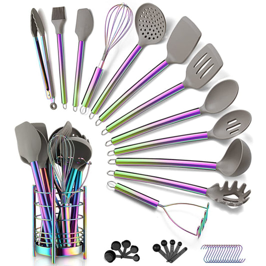 Rainbow 38-Piece Silicone Kitchen Cooking Utensils Set with Utensil Crocks, Silicone Head and Stainless Steel Handle Cookware, Kitchen Tools for Utensil Set, Non-Stick Kitchen Gadgets, Dishwasher Safe (Rainbow)