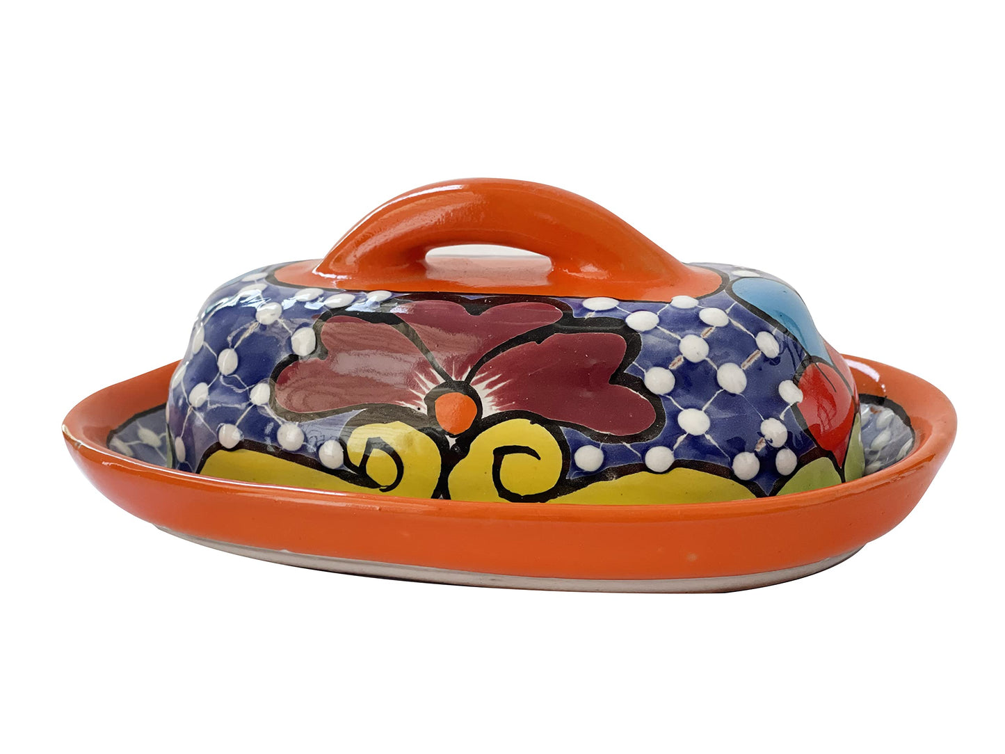MEXTEQUIL - Butter Dish Ceramic Talavera with Lid Hand Painted Authentic Mexican Pottery Kitchen Floral Design (Orange)