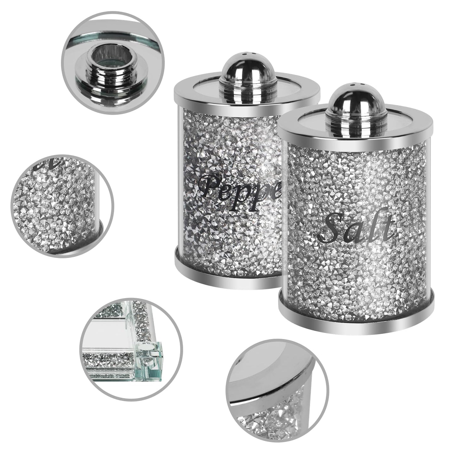 Crystal Salt and Pepper Shakers Set with Tray,Sparkly Crystal Crushed Diamond House Decor for Kitchen,Bling Salt Pepper Jar Container Pot for Countertop,saleros para cocina elegantes,Silver